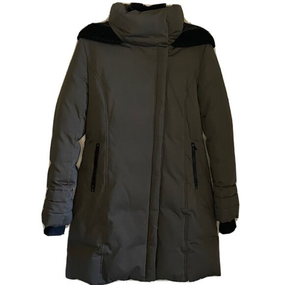 Soia & Kyo Olive Green Down Puffer Coat Faux Fur Hood Midi Jacket Size Large - Picture 1 of 11